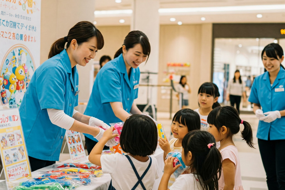 イベントスタッフが子ども達に景品おもちゃを手渡す様子