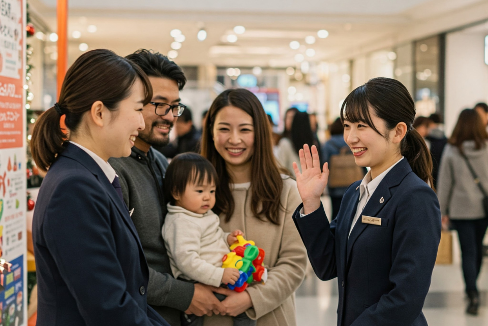 イベントスタッフが家族を笑顔で見送る様子
