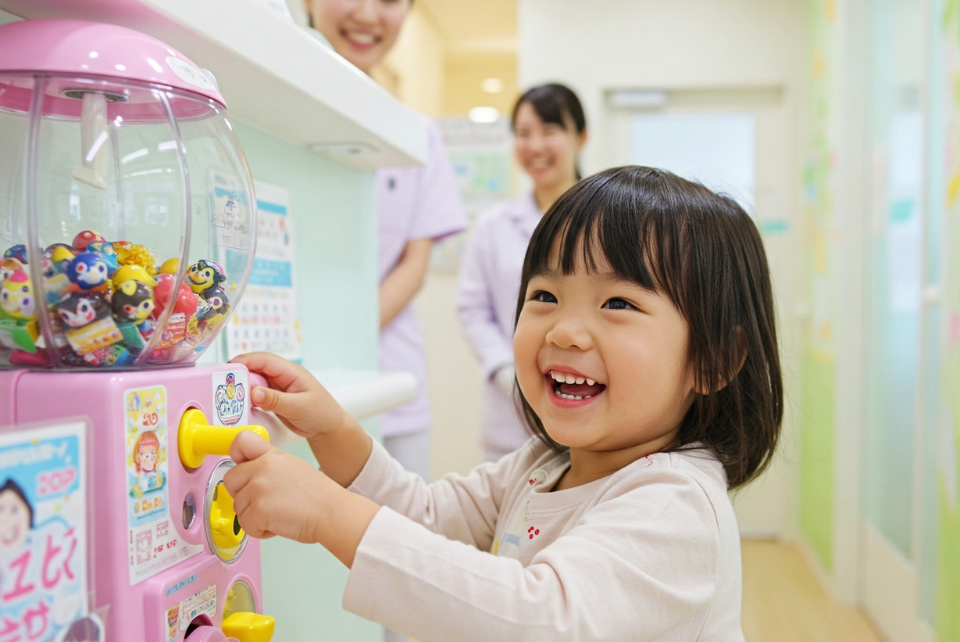 クリニックでの治療後にガチャガチャを引く女の子